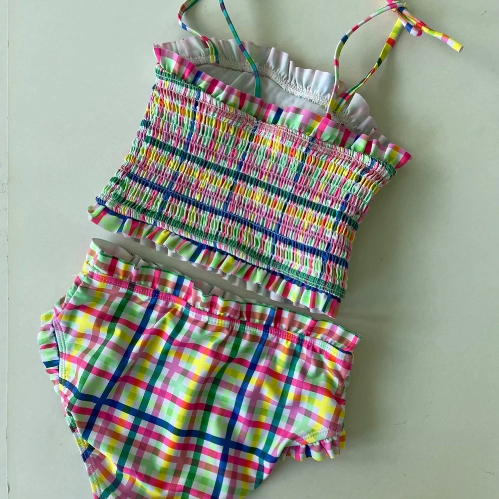 Girls Multicolor Plaid Tankini Set - Pink, Yellow & Blue